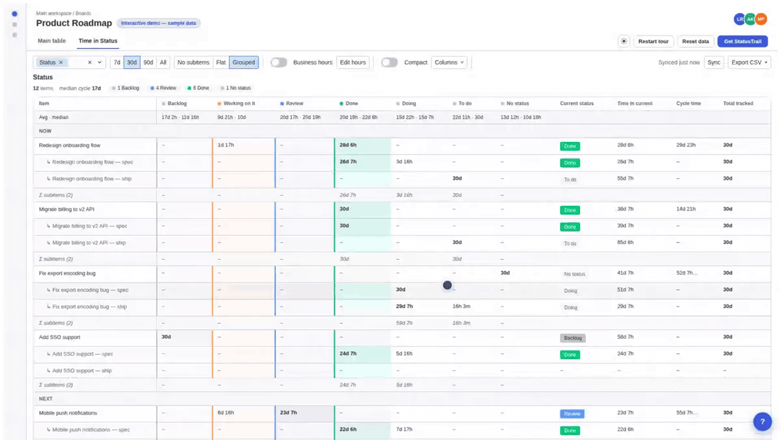 StatusTrail time-in-status report with the audit drill-down open